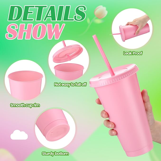 Honeydak 30 Pack Tumbler with Straw and Lid Bulk Water Bottle Iced Coffee Travel Mug Cup Reusable Plastic Cups for Party Birthdays 24-27 oz (Pink and Green Color) - Bloomnest