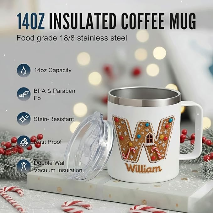 Personalized Christmas Mug | Custom Gingerbread House Initial Insulated Coffee Cup with Handle & Lid | 12oz Holiday Tumbler, Cute Baking & Stocking Stuffer Gift (B17) - Bloomnest