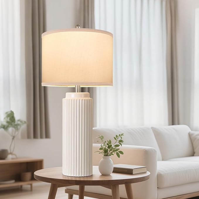 28’’ Farmhouse Ceramic Table Lamps Set of 2 for Living Room, Cream Vintage Bedside Table Lamps with White Linen Shade, Rustic Nightstand Lamps for Bedroom Home Office End Table Dorm - Bloomnest