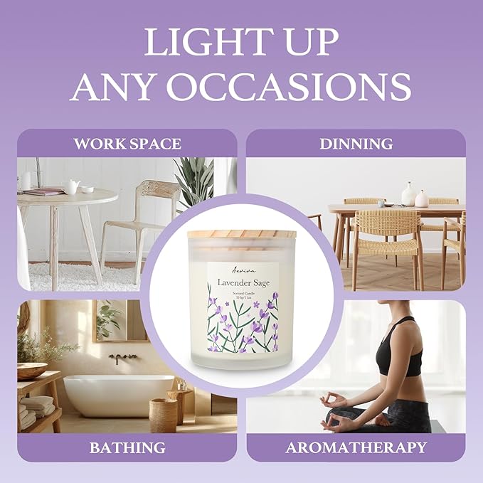 Lavender Sage Scented Candle, 11oz 60 Hour Burn, Natural Soy Wax with Thick Cotton Wick, Highly Scented Aromatherapy Candle for Stress Relief & Meditation, Gifts for Women & Men - Bloomnest
