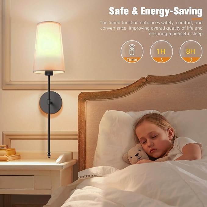 NIORSUN Black Battery Operated Wall Sconce Set of 2,Rechargeable Wall Lights with 5200mAh Dimmable Detachable Bulbs and Remote,9 Colors Wireless Sconces for Bedroom Living Room Hallway - Bloomnest
