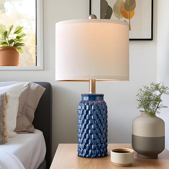 20.5 inches Modern Ceramic Dark Blue Bedside Lamp Set of 2 for Bedroom Decor Farmhouse Table Lamp for Living Room Office Dorm - Bloomnest