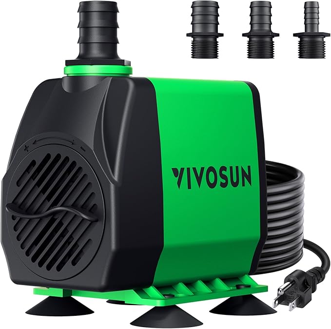 VIVOSUN 800GPH Submersible Pump(3000L/H, 24W), Ultra Quiet Water Fountain Pump with 10ft. High Lift with 6.5ft. Power Cord, 3 Nozzles for Fish Tank, Pond, Aquarium, Statuary, Hydroponics Green - Bloomnest