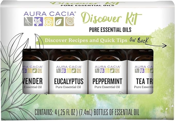 Aura Cacia Discover Essential Oils Kit, 4-Pack, Lavender, Eucalyptus, Peppermint & Tea Tree Oils, Excellent Starter Set - Bloomnest