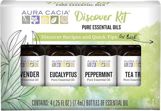 Aura Cacia Discover Essential Oils Kit, 4-Pack, Lavender, Eucalyptus, Peppermint & Tea Tree Oils, Excellent Starter Set - Bloomnest