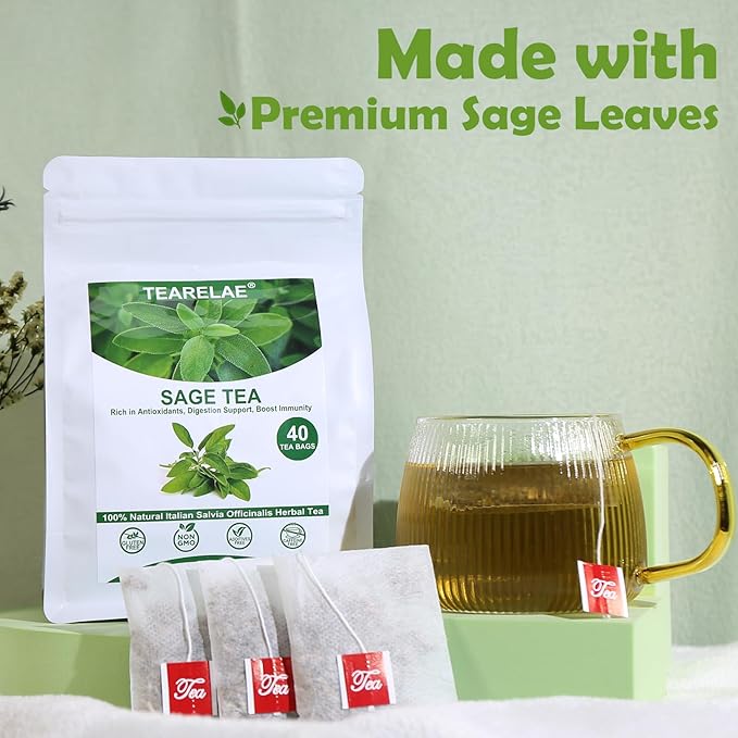 TEARELAE - Premium Sage Leaf Tea Bags - 1.5g x 40 Count - Natural Cut & Sifted Sage Herb Salvia Officinalis - Non-GMO - Caffeine-free - Digestion Support & Breath Support - Bloomnest
