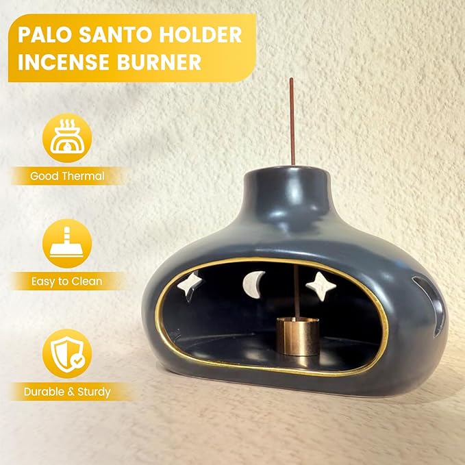 Ceramic Incense Holder Set-Handcrafted Palo Santo&Sage Cone Burner with Holes, Smudge Bowl for Meditation&Yoga-Palo Santo Holder Burner with Brush&Tweezer-Home Decor for Relaxation, Black - Bloomnest