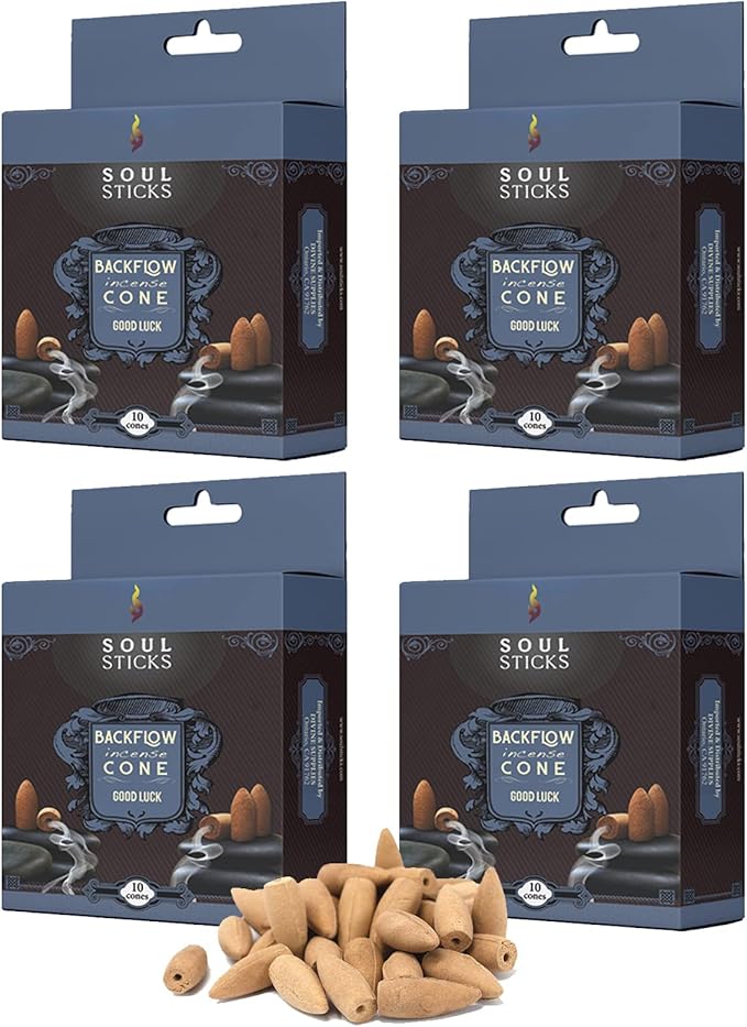 Soul Sticks Backflow Incense Cones – 40 Handmade Organic Cones for Waterfall Burner | 4 Pack Long Lasting Aromatic Scents | Thick White Smoke Incense for Meditation, Yoga & Gifts (Good Luck) SoulSticks