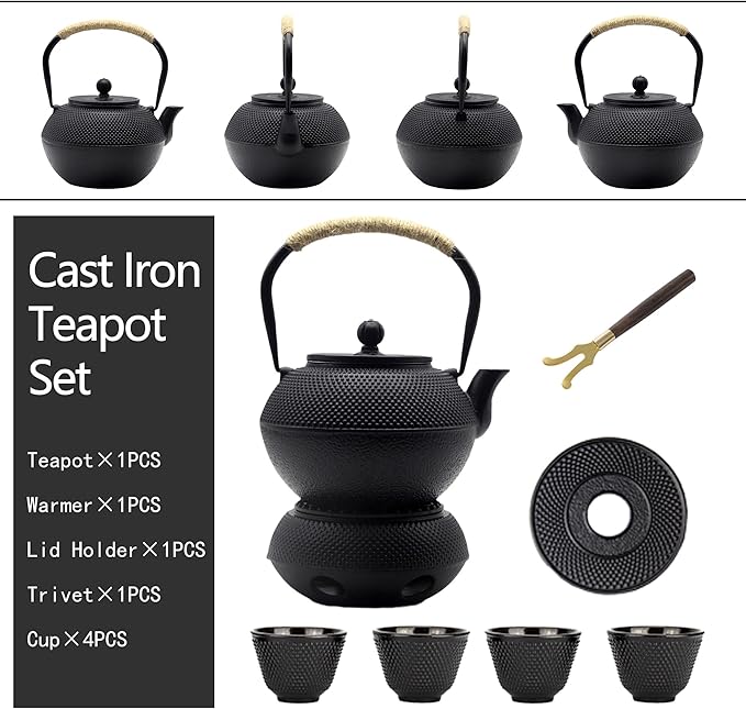 YJX 40.6oz Cast Iron Teapot Set with Warmer, Japanese Tea Set for Stovetop, 1200ml Black Tea Pot and Tea Cups Set, Tea Kettle with Infuser for Loose Leaves, Enameled Asian Teapot Sets for Adults - Bloomnest