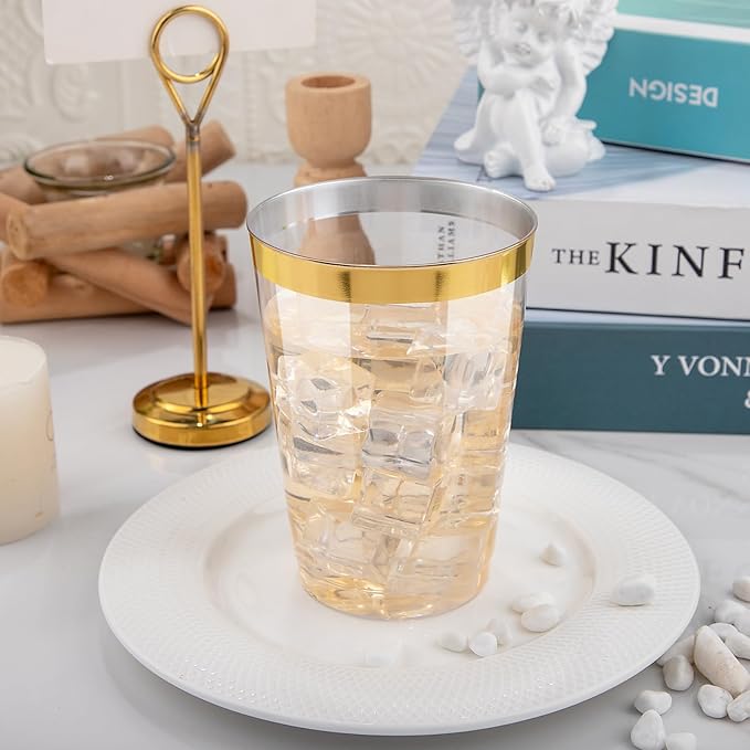 I00000 200 Pack 12 oz Gold Plastic Cups, Clear Disposable Cups, Disposable Plastic Wine Glasses Cocktail Glasses Premium Cups with Gold Rim, 12 Ounce Tumblers for Party & Wedding - Bloomnest