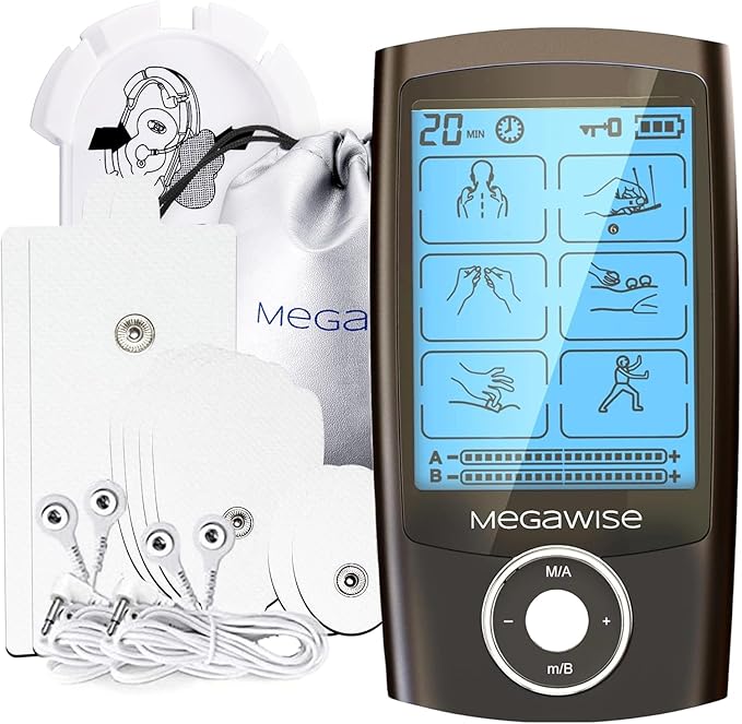 MegaWise 48 Modes（24 * 2） Dual Channel EMS TENS Unit Muscle Stimulator with 14Pcs Reusable Electrode Pads. Rechargeable Continuous Mode Electronic Pulse Massager with Storage Pouch/Pads Holder
