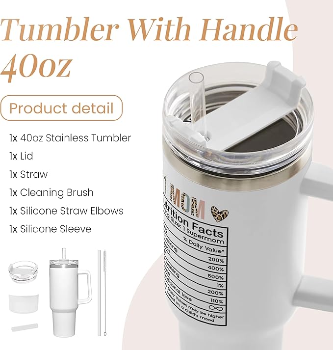 Mom Gifts for Women Mom Nutrition Facts Tumbler Stainless Steel 40oz with Handle Insulated Travel Cup Best Mom Ever Coffee Cup, Mother's Day Christmas Birthday Gifts from Son Daughter - Bloomnest