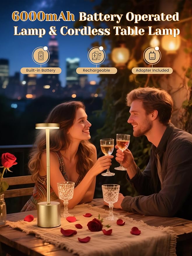 Rechargeable Lamps Cordless Lamps Set of 2,6000mAh Battery Lights,Dimmable+3 Colors Rechargeable Table Lamp,Portable Wireless Small Table Lamp for Bedroom/Kitchen/Bathroom/Dining/Bar/Outdoor [Adapter] - Bloomnest