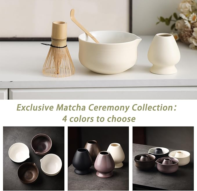 Matcha Set, Japanese Tea Set Includes Matcha Bowl with Spout, Matcha Whisk Holder (chasen), Bamboo Matcha Whisk and Bamboo Scoop, Ceramic Matcha Kit for Tea Lovers - Bloomnest