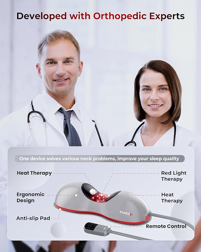 Heated Neck Stretcher with Red Light Therapy, Wireless Cervical Traction Device for TMJ Pain Relief and Shoulder Relaxer, Neck Traction Massager Pillow for Home/Office Used - Bloomnest