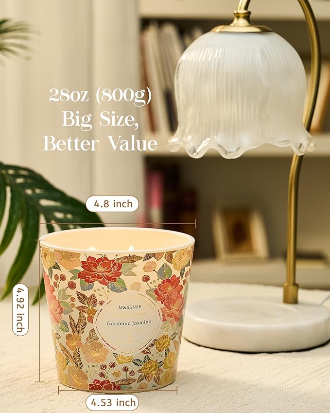 M&SENSE Gardenia Jasmine Scented Candle, 28.2oz 3 Wick Natural Soy Wax Large Candles, Long Lasting Clean Slow Clean Burning No Toxic Décor for Home Relaxation, Romantic Dates & Gift-Giving - Bloomnest