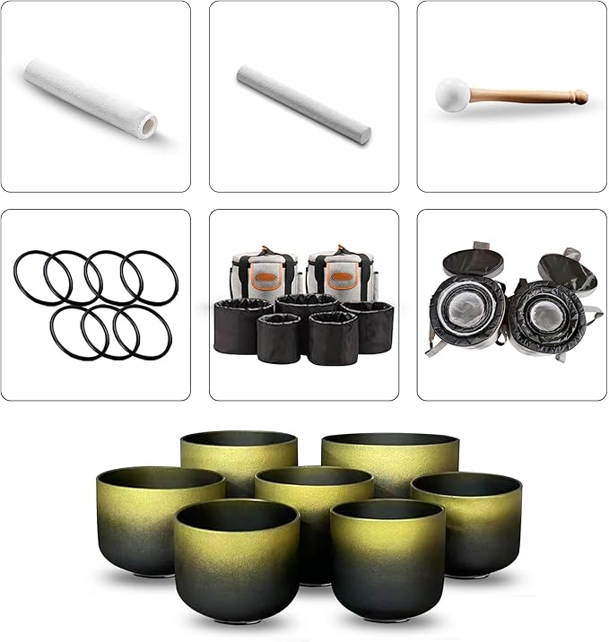 Ryan Dvan Crystal Singing Bowl Set 7-12 Inch, Black with Gold Frosted Quartz Sound Therapy Bowls with Mallets, O-Rings & 2 Carrying Cases — Chakra Healing, Reiki, Yoga, Meditation, Energy Balancing - Bloomnest