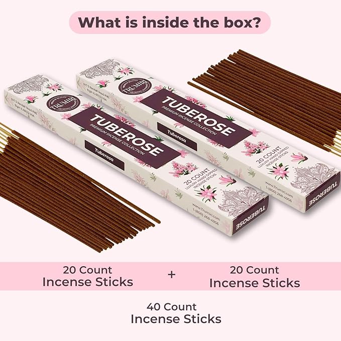 Tuberose Incense Sticks - Total 40 Insence-Sticks - Dual Pack of 20 Insense - Inciensos - Inscents - Natural Non Toxic Ingredients - Incents - Incence - Inscense - Insents TRUMIRI