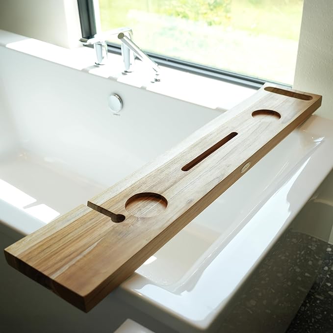 EcoDecors Eleganto 42" Live Edge Solid Teak Bath Caddy Tray with Handle, Book & Tablet Holder, Wine Glass Holders, Luxury Bathtub Tray - Bloomnest