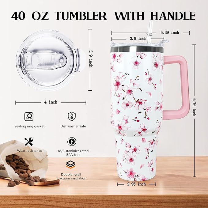 Ceovfoi 40oz Cherry Blossoms Insulated Stainless Steel Travel Tumbler with Handle, Lid and Straw, Pink Cherry Blossoms Floral Design, Perfect for Women, Adults, Home, Travel, Nursing - Bloomnest