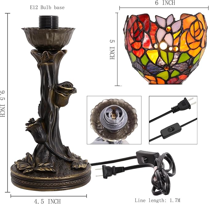 Small Tiffany Lamp Mini Stained Glass Table Lamp Red Rose Accent Desk Uplight W6H 13.5 Inch Bronze Resin Base - Bloomnest