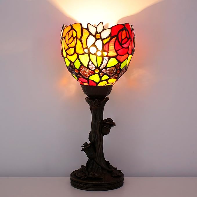 Small Tiffany Lamp Mini Stained Glass Table Lamp Red Rose Accent Desk Uplight W6H 13.5 Inch Bronze Resin Base - Bloomnest