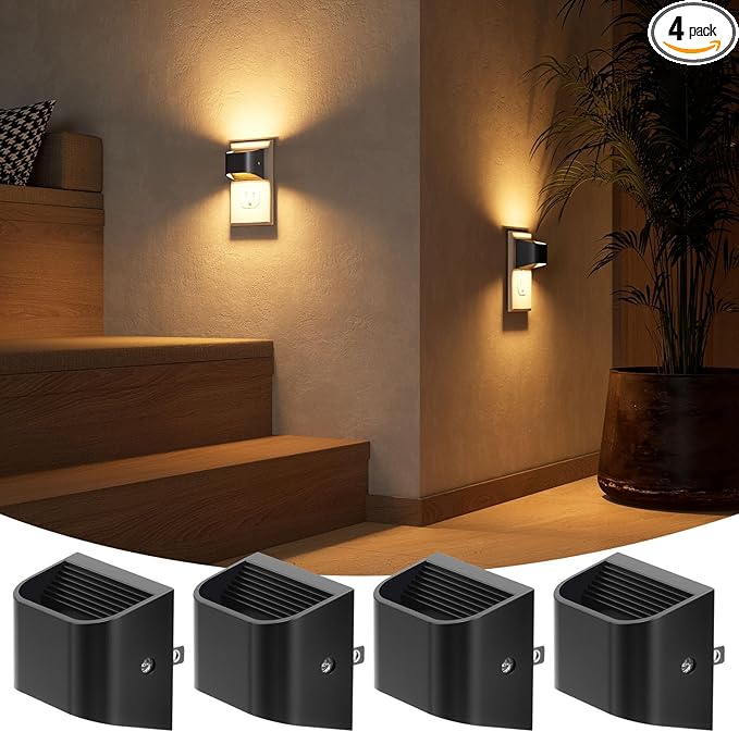 NIORSUN Night Lights Plug Into Wall, Auto Brightness Sensor Night Light, 3000K Warm White, Ultra-Slim Wall Light for Hallway Bathroom Bedroom Stairs, Black, 4 Pack - Bloomnest