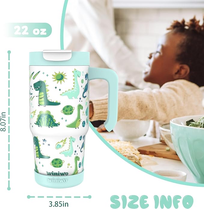 22 oz Tumbler with Handle for Kids, Easy to Hold, Spill-proof, Insulated Cups with Sip/Swig 2-in-1 Lid, Fit Most Car Cup Holders,School, Home,travel,Green Dinosaur - Bloomnest