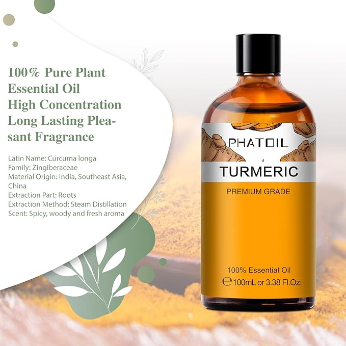 Turmeric 3.38fl.oz Essential Oil, PHATOIL Pure Aromatherapy Oils for Diffuser, Humidifier, Perfect for DIY Soap, Candle, Bath Bombs Making(100ml) - Bloomnest