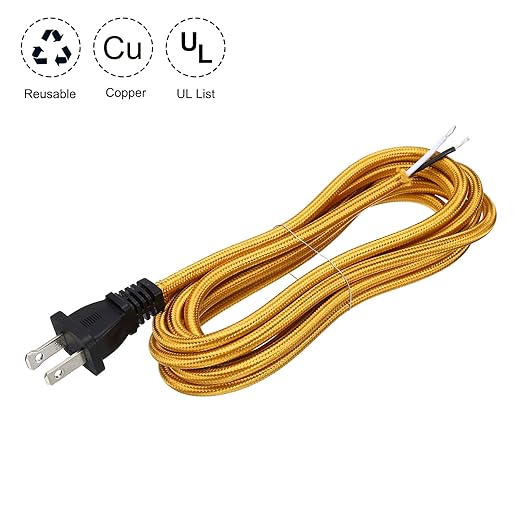 uxcell 8Ft 18/2 Cloth Covered Lamp Cord with Plug, Vintage Electrical Lamp Cord with Stripped Ends for Extension Wiring DIY Repairing, Golden