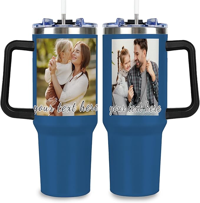 Personalized Tumbler with Handle and Straw Lid, Custom 40oz Tumblers with Picture, Logo, Text, Customized Stainless Steel Travel Coffee Cup for Women Men, Gifts for Birthday Christmas Anniversary - Bloomnest