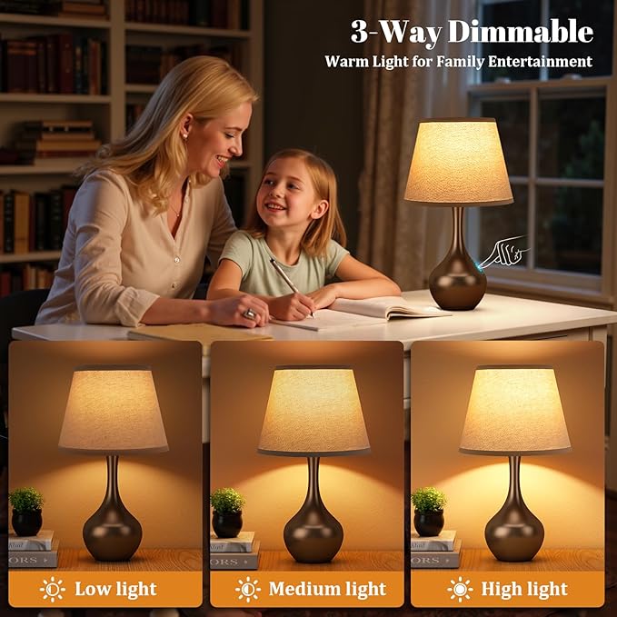 Seealle Touch Table Lamp for Bedroom, 3-Way Dimmable Small Bedside Lamps for Night Stands with Wires, Brown Desk Lamp for Kids Room, Office, Living Room, End Table(LED Bulb Included) - Bloomnest