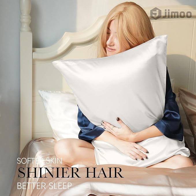 J JIMOO 100% Mulberry Silk Pillowcase for Hair and Skin, 22 Momme Pure Natural Silk Pillow Case Both Sided with Zipper, Pillow Cover for Women Mom Men (Ivory White, Standard 20''×26'', 2 Pack) - Bloomnest