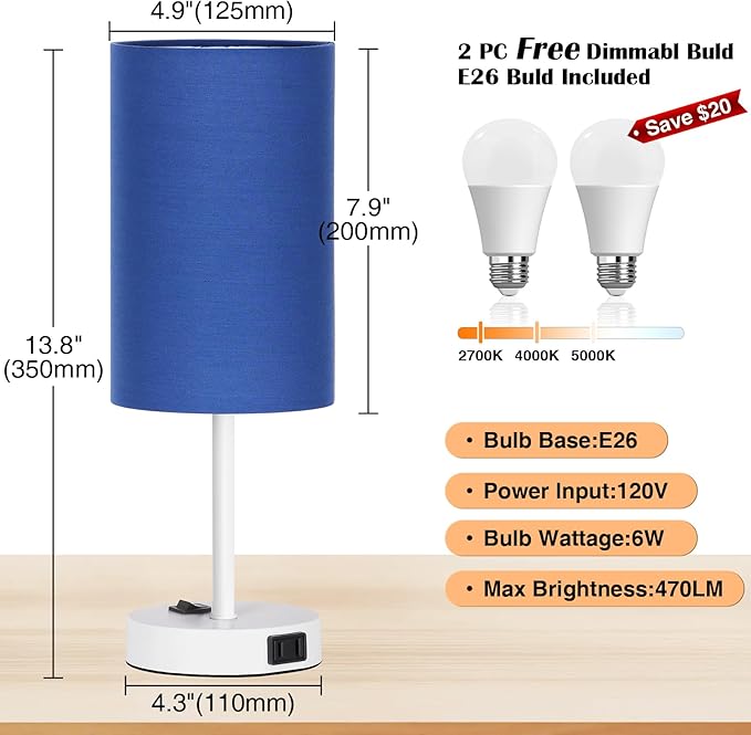 ZJOJO Table Lamp for Bedroom Set of 2, Bedside Small Lamps with 3 Way Dimmable Rocker Switch and AC Outlet, Nightstand Desk Lamp with Blue Fabric Shade White Base for Living Room Home Decor Lights - Bloomnest