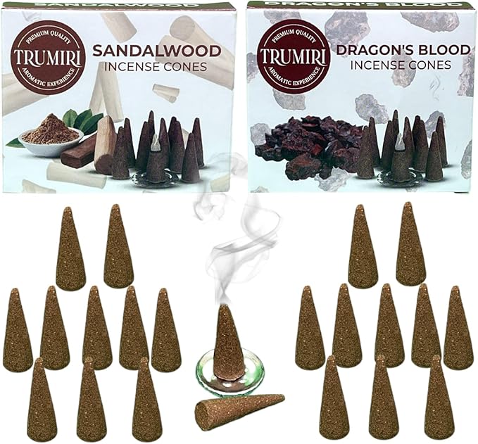 TRUMIRI Incense Cones - Combo Pack of 20 Cone Incense - 10 Dragons Blood + 10 Sandalwood - Insence Cones - Incense Cones Scented - Cone Incense Scents - Insense Cones - Incent Cone TRUMIRI