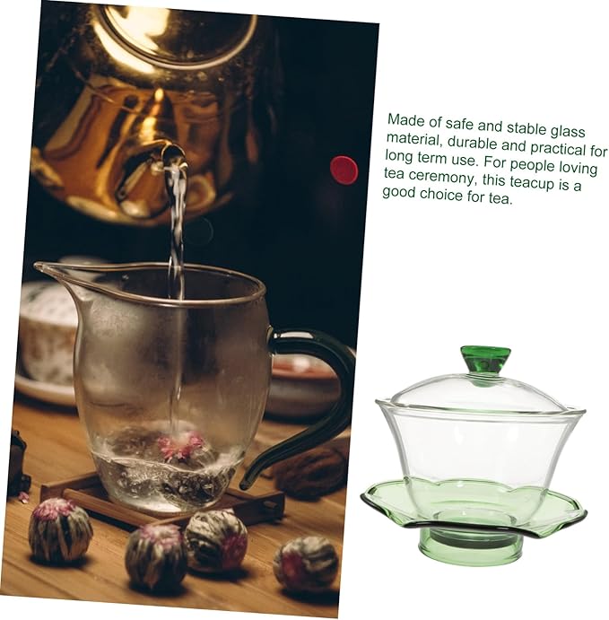 Mobestech Transparent Glass Teacup with Saucer and Lid for Kung Fu Tea Ceremony Compact Porcelain Tea Bowl at Home Office with Lotus Design - Bloomnest