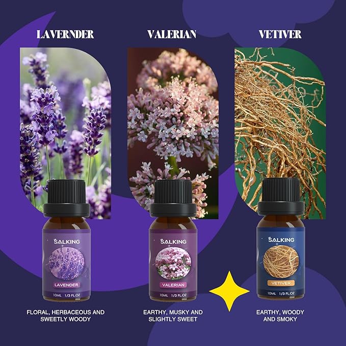 SALKING Sleep Essential Oils Set, Pure and Natural Essential Oils, Fragrance Oil Scented Oils for Oil Diffusers 6 x 10 ML - Lavender, Vetiver, Sandalwood, Valerian, Helichrysum, Benzoin… - Bloomnest