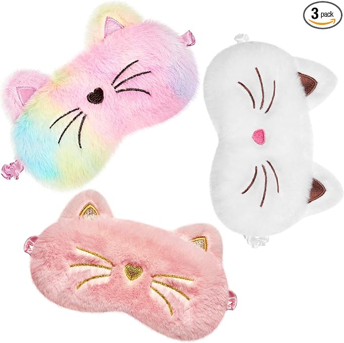 3 Pieces Sleep Mask for Kids, Girls Plush Sleeping Eye Cover Soft Eye Blindfold Cover Animal Shade for Kids(White, Pink and Rainbow Color,Cat Style) - Bloomnest