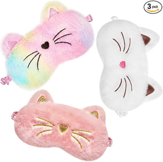 3 Pieces Sleep Mask for Kids, Girls Plush Sleeping Eye Cover Soft Eye Blindfold Cover Animal Shade for Kids(White, Pink and Rainbow Color,Cat Style) - Bloomnest