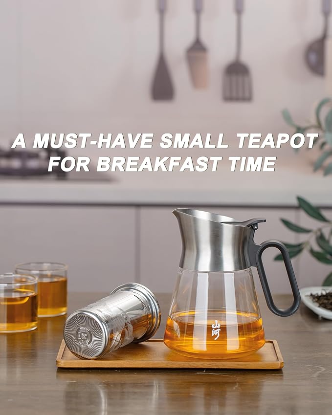 ZENS Design Glass Teapot with Infuser with 2 Cups, 23oz Small Loose Leaf Steeper Pot with Stainless Steel Spout for Hot Tea Diffusers, Oval Handle Clear Tea Infusers Pot for Tea Lovers Gifts - Bloomnest