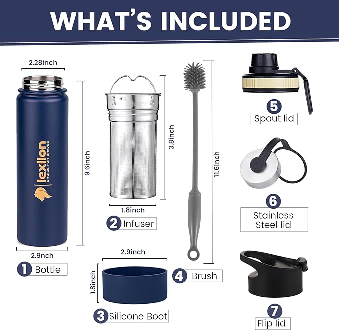 Lexlion Tea Infuser Water Bottle 22 Oz – Triple Wall Insulated Stainless Steel, Loose Leaf & Fruit Strainer, 3 Leakproof Lids, BPA-Free Silicone Sleeve, Reusable Thermal Mug - Bloomnest