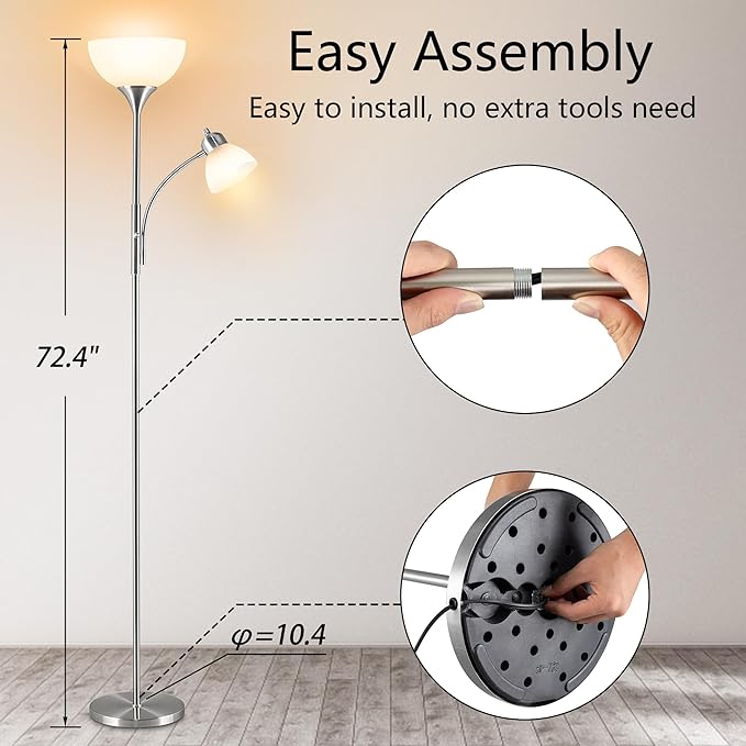 Floor Lamp, Dimmable Standing lamp, Stepless Dimming Brightness, Included 9W and 5W LED Bulbs, Industrial Floor Lamp for Living Room, Bedroom, Office, Reading - Bloomnest