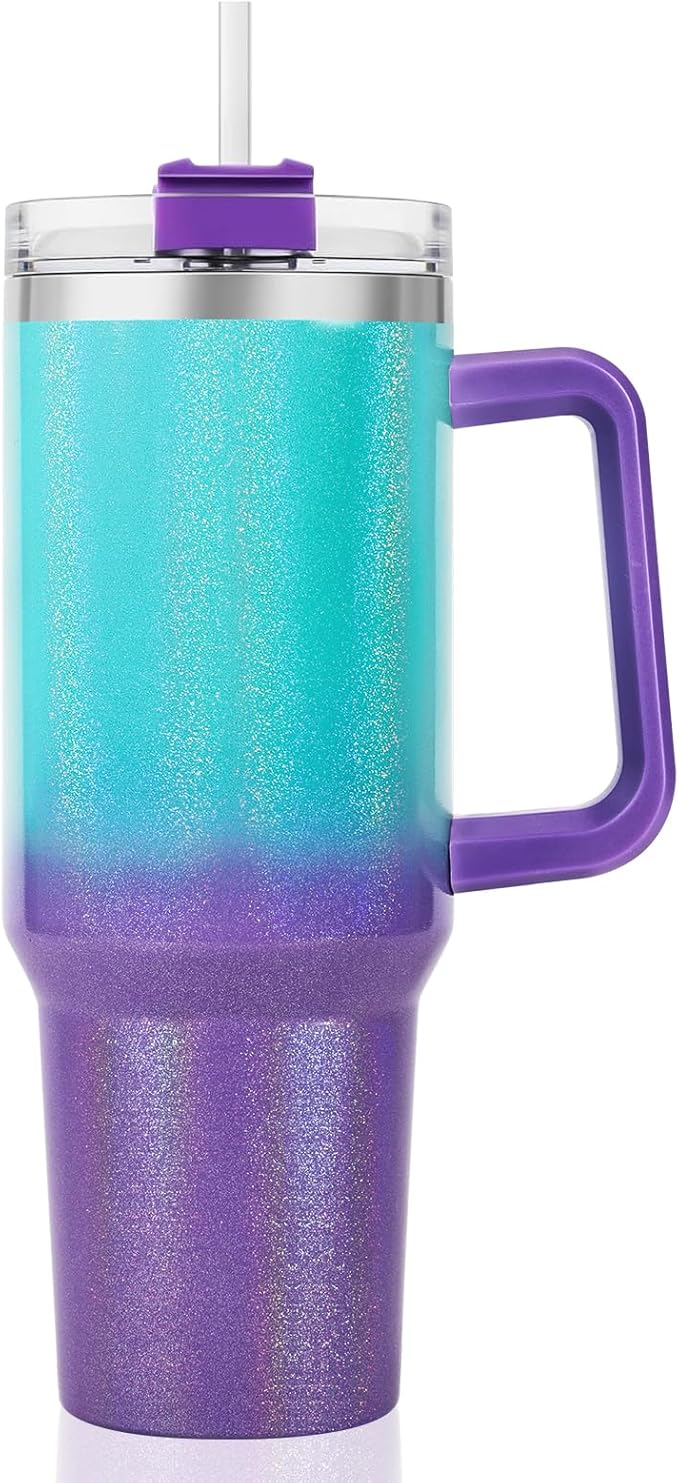40 oz Tumbler with Handle and Straw Lid, Vacuum Insulated Leak Proof Double Walled Stainless Steel Glitter Travel Mug Tumblers, Maintains Cold Ice and Heat for Hours(Green Purple Gradient) - Bloomnest