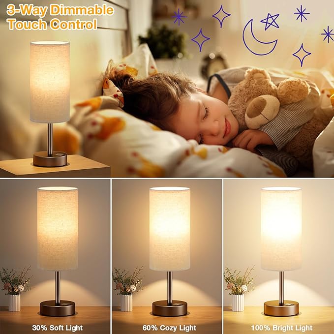 Dicoool Beige Touch Table Lamp for Bedroom - 3 Way Dimmable Bedside Lamp with USB, Nightstand Lamp with Brown Charging Station for Desk, Dorm, Office - Bloomnest