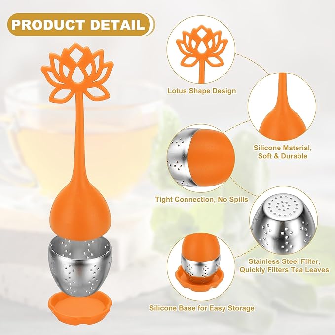 uxcell 2 Pcs Lotus Tea Infuser, Stainless Steel Loose Leaf Tea Steeper Filter with Silicone Handle Reusable Coarse Pores Mesh Strainer Diffuser for Teacups Teapots Mugs, Orange - Bloomnest