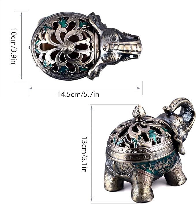 K COOL Metal Backflow Incense Holder Elephant Cone Incense Burner Candle Holder with Lid, Aromatherapy Ornament Home Office Decoration for Indoor Outdoor (Green) - Bloomnest