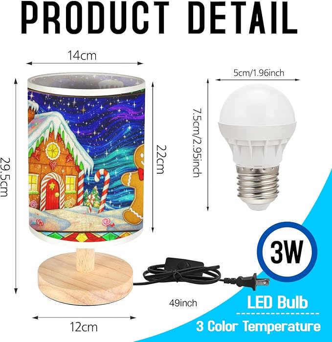 Gingerbread House & Gingerbread Man Table Lamp LED 3-Color Pressed Bedside for Merry Christmas, Gingerbread Shade Christmas Table Lamp with Wood Base for Bedroom Living Room Desk Office - Bloomnest