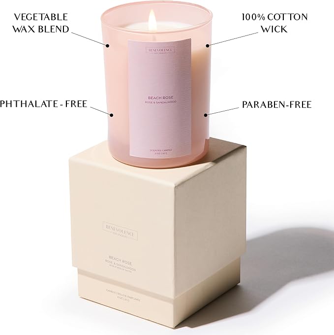 Rose & Sandalwood Scented Candle | 11oz, 60 Hour Burn | Natural Soy Wax, Cotton Wick | Fall & Holiday Candles | Christmas Scented Candles for Home | Benevolence LA Sun-Kissed Collection - Beach Rose - Bloomnest