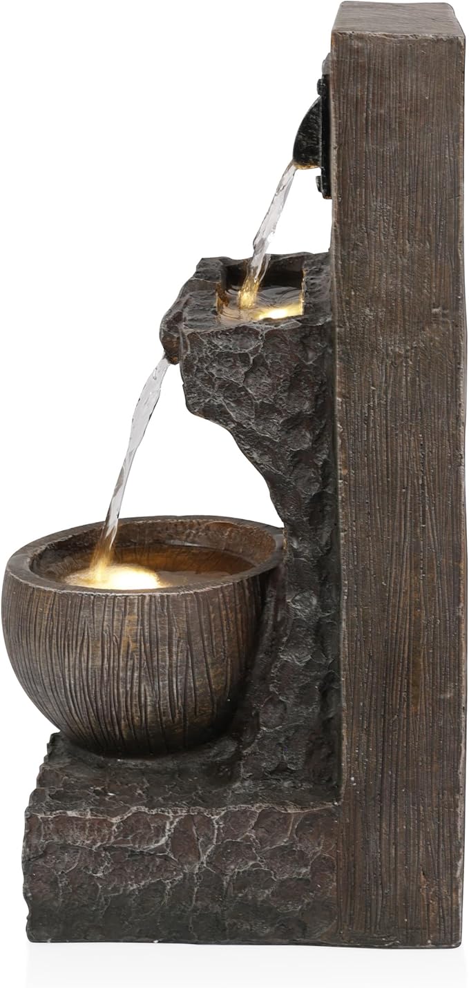 Alpine Corporation ZDQ108 Indoor/Outdoor Floor 3-Tier Fountain with LED Lights, Cascading Garden Water Fountain, 20" H, Brown - Bloomnest