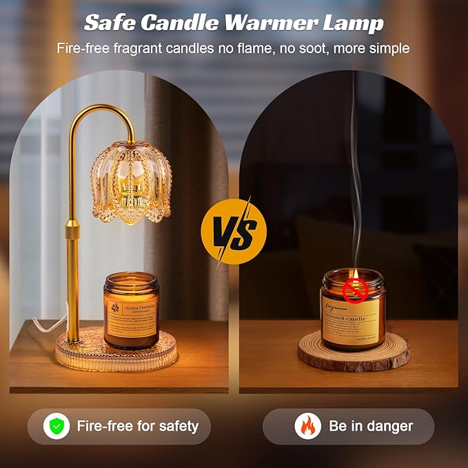 Petal Candle Warmer Lamp with Timer & Dimmable Light Champagne Gold - Adjustable Height Jar Melter on Crystal Glass Base, Home Decor Gift Set (Includes 2 Bulbs) - Bloomnest